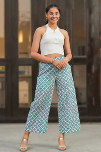 Handcrafted teal culottes with geometric block print