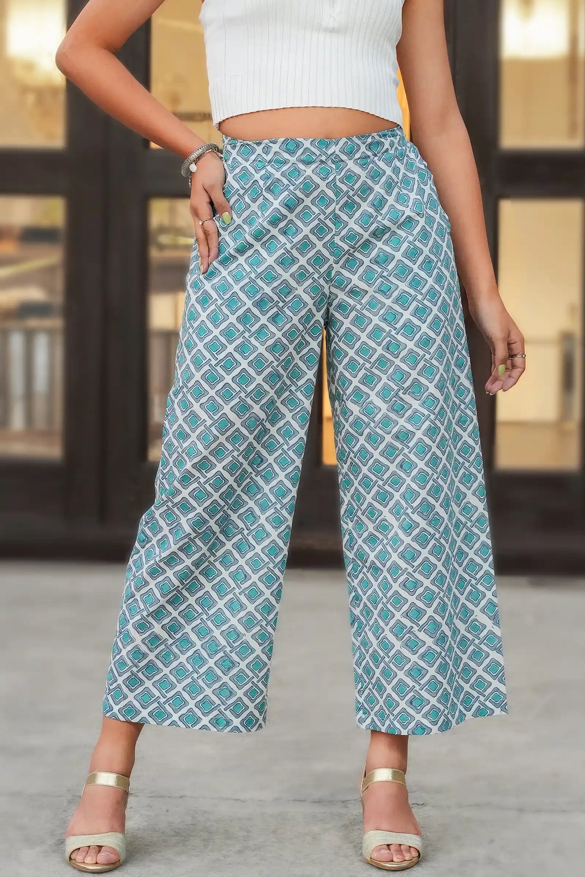 Fariha hand block printed teal geometric culottes for women