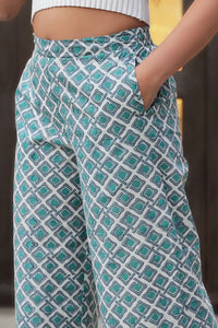 Women's handmade Fariha teal block print wrap pants