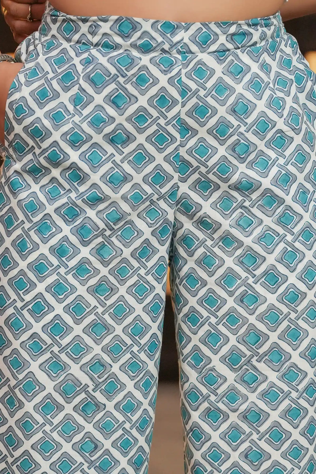 Artisan-made teal geometric wrap pants for women