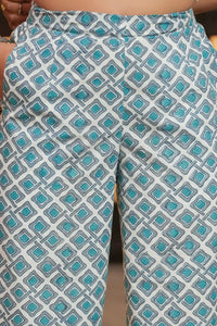 Artisan-made teal geometric wrap pants for women