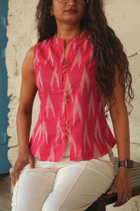 Pihu Red Ikkat Top front view on white background