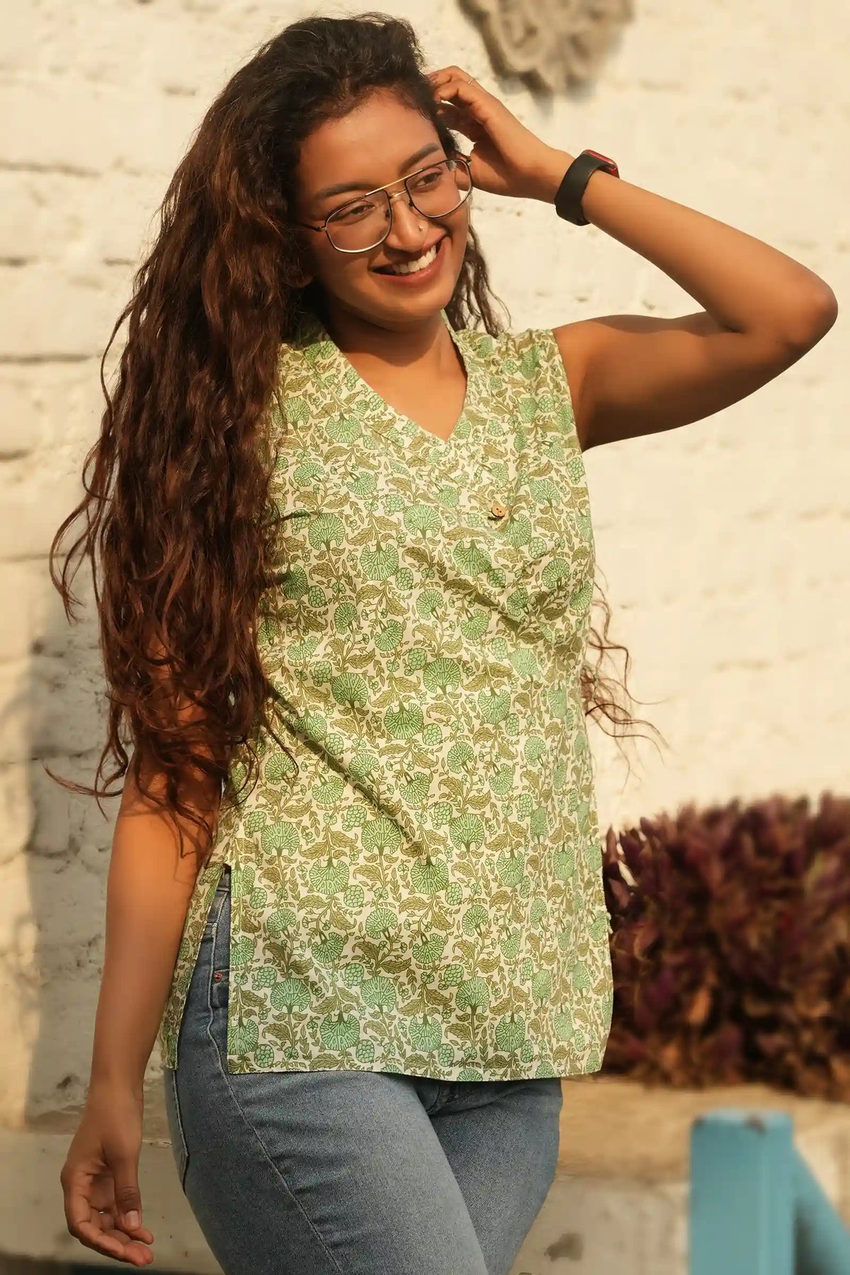 Meher Forest Tie-Up Top – stylish women’s casual top in earthy tones