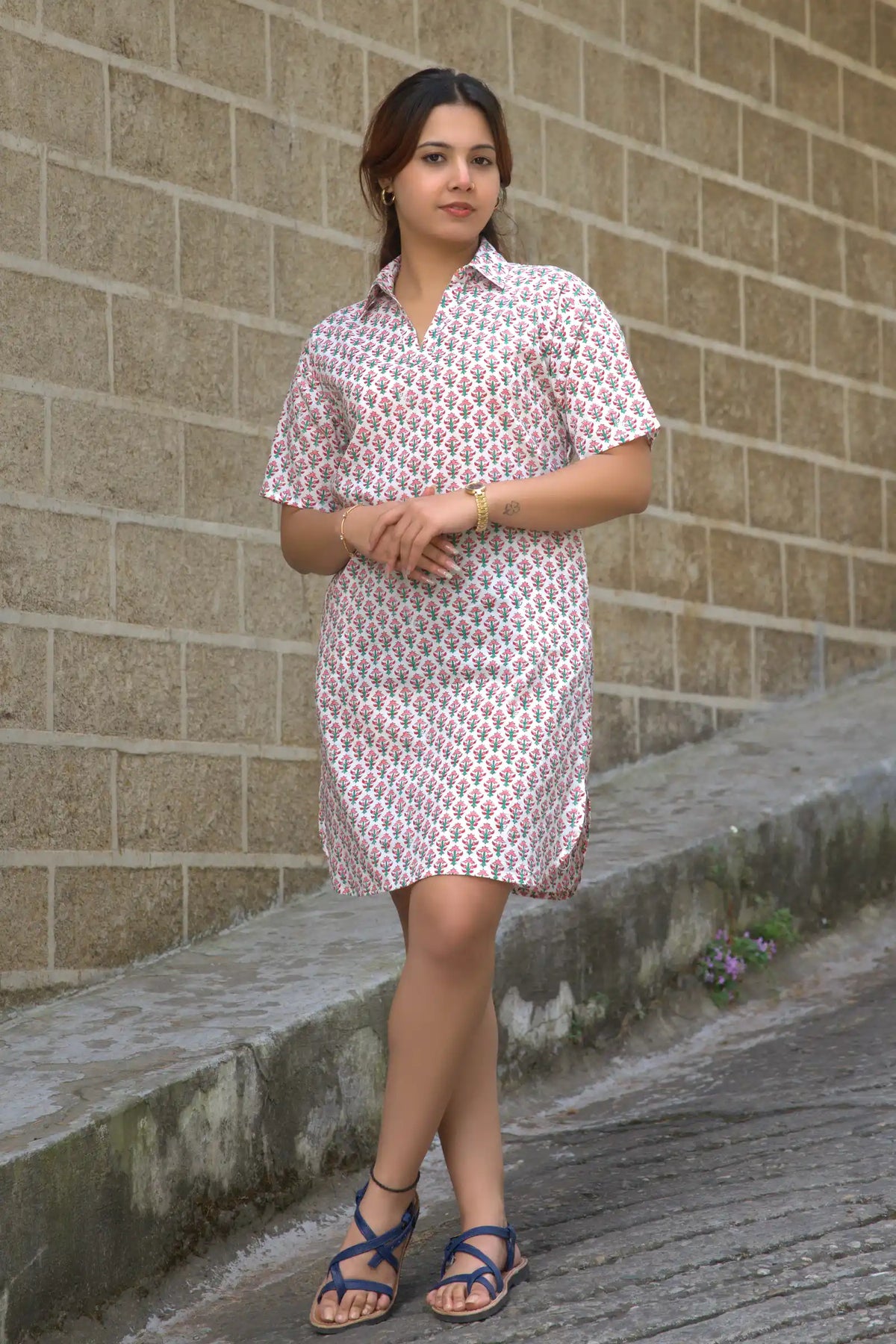 Handcrafted pink cotton dress with Palash design – sustainable Mahira fashion