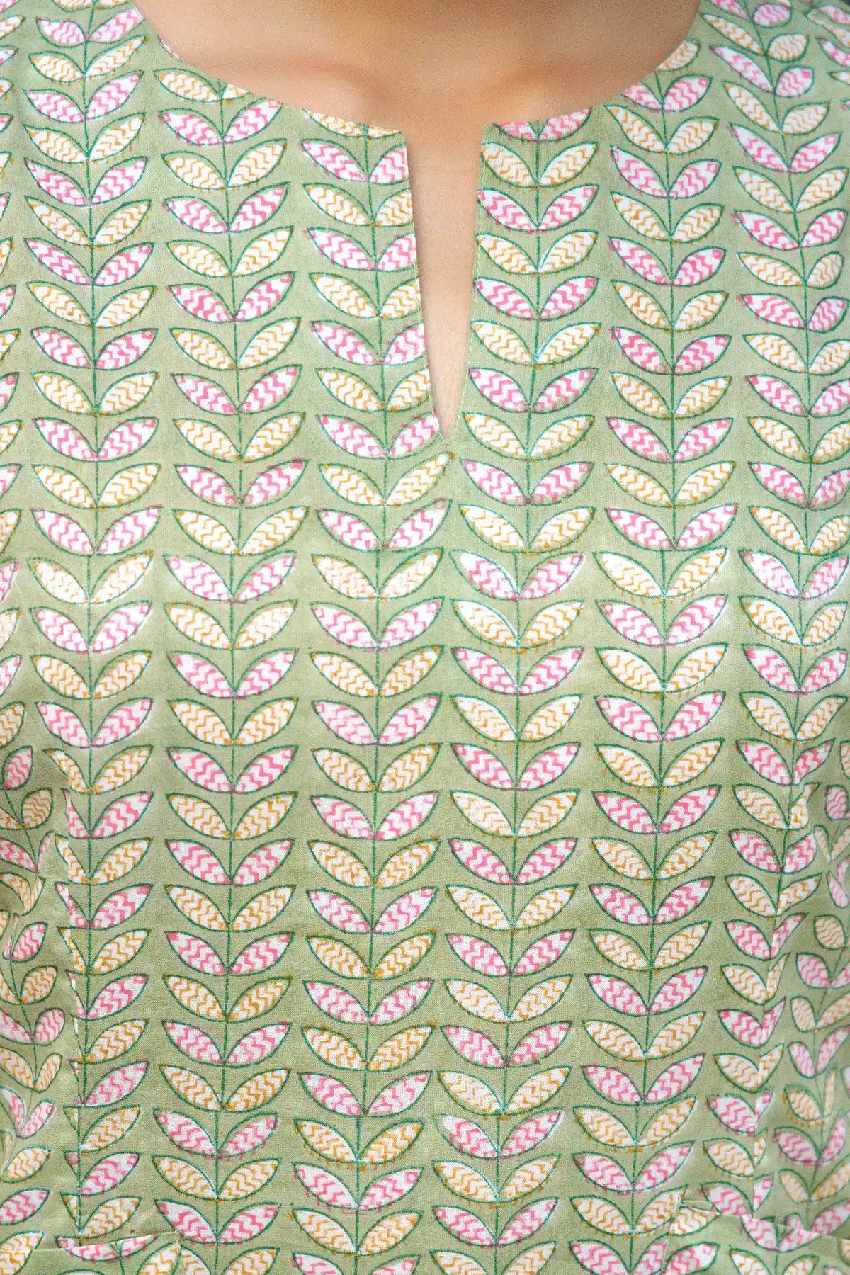 Handmade green sheath dress with block printed leaf design