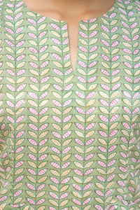 Handmade green sheath dress with block printed leaf design
