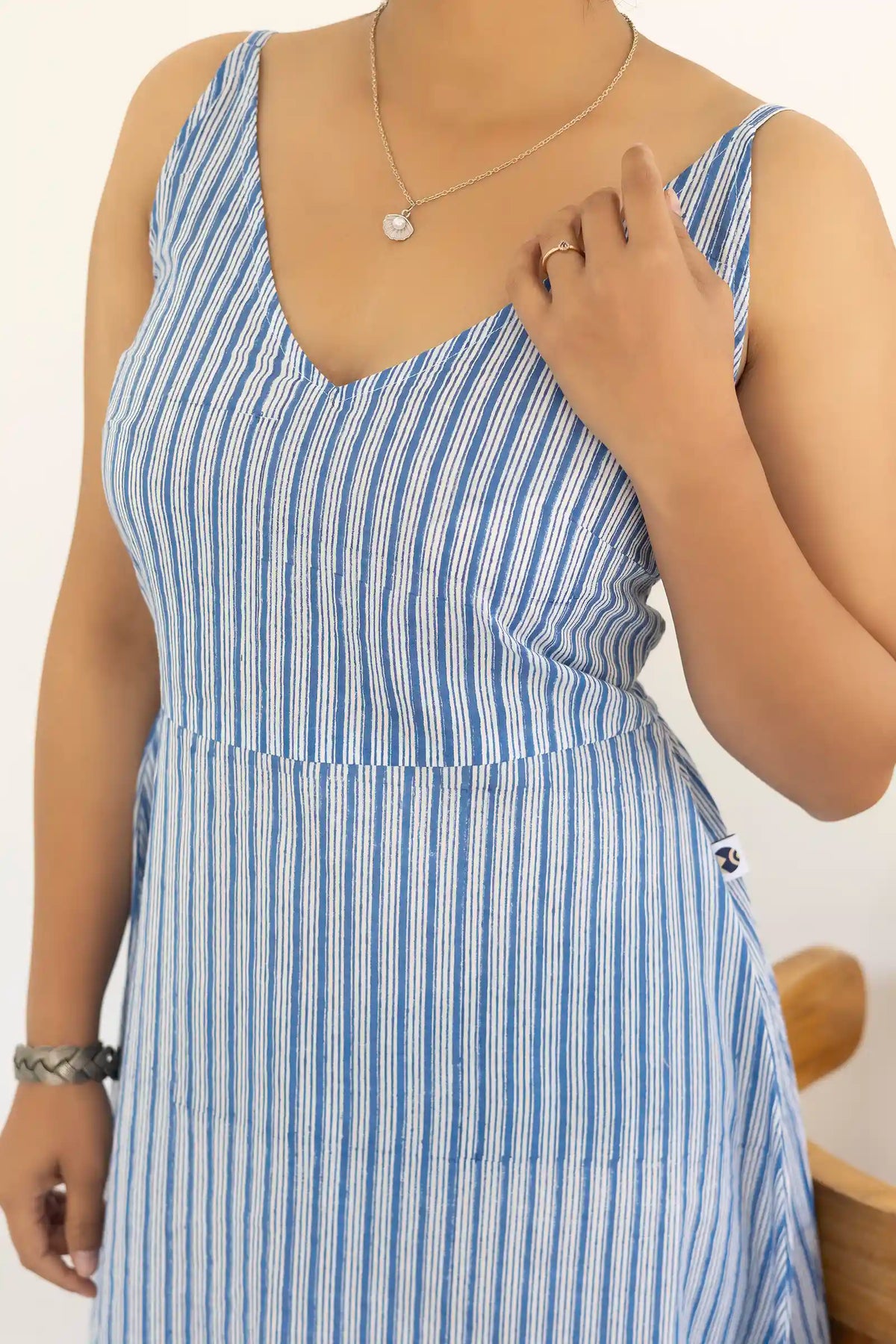 Artisan made cotton dress with hand block print in blue stripes