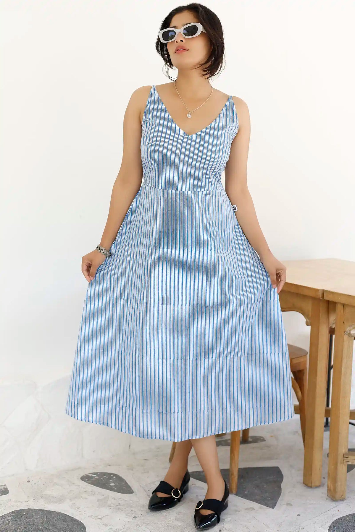 Handmade blue striped sleeveless midi dress in organic cotton
