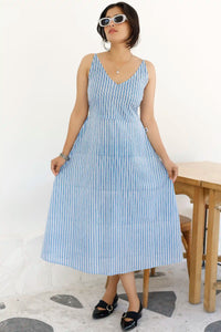 Handmade blue striped sleeveless midi dress in organic cotton