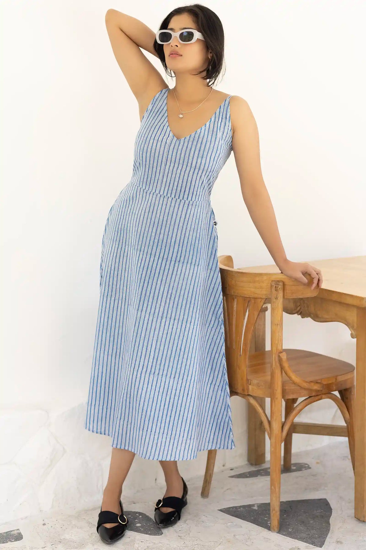 Avni handmade dress – blue striped organic cotton midi