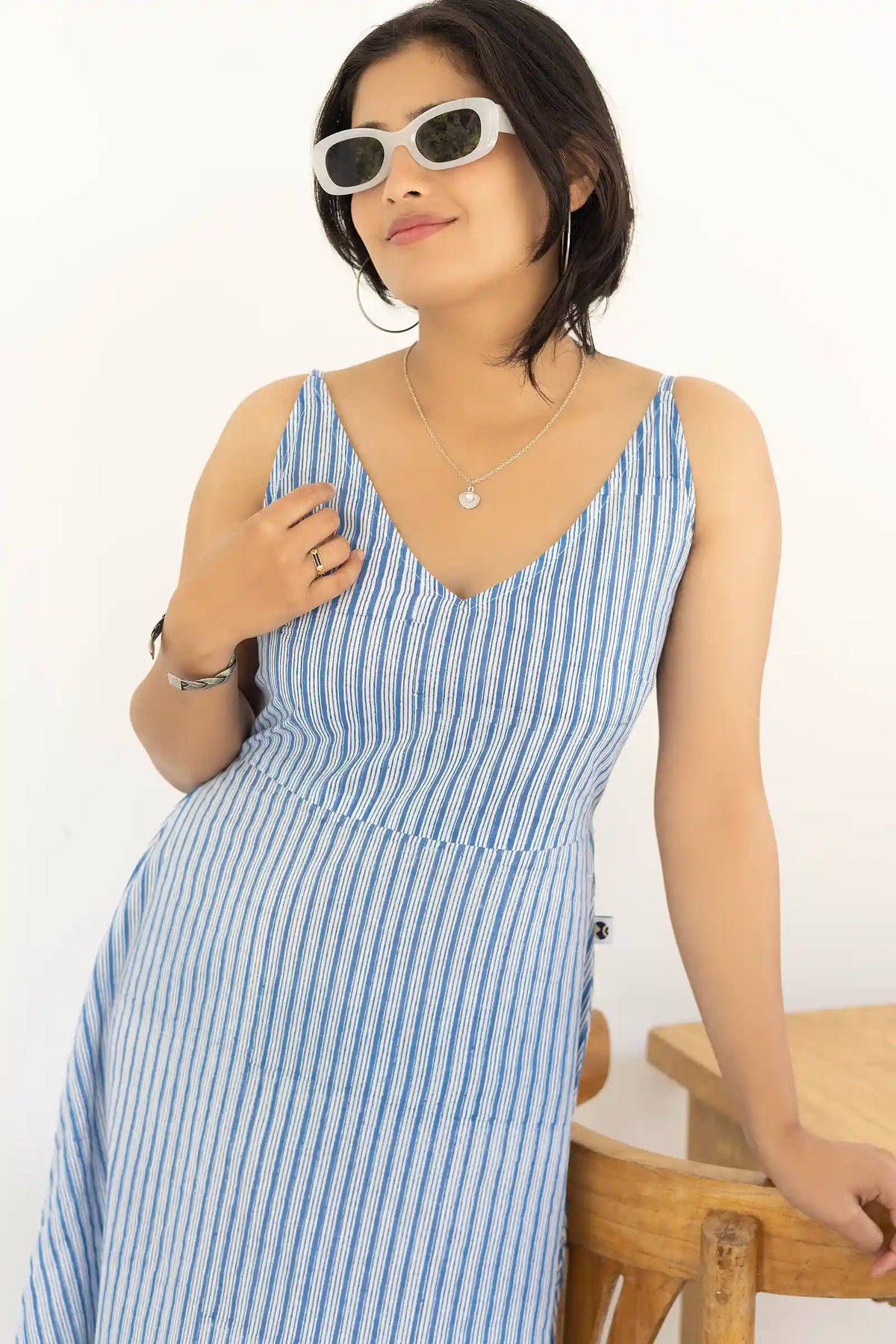 Lightweight organic cotton dress with artisan blue stripes
