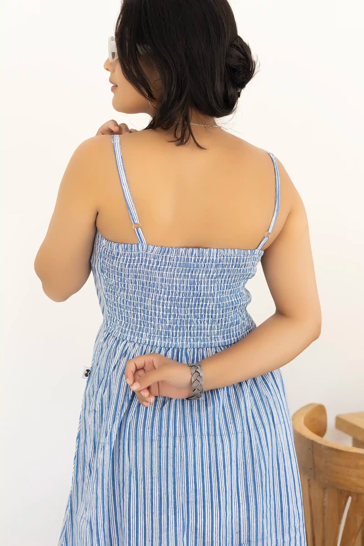 Organic cotton sleeveless dress with blue hand block print