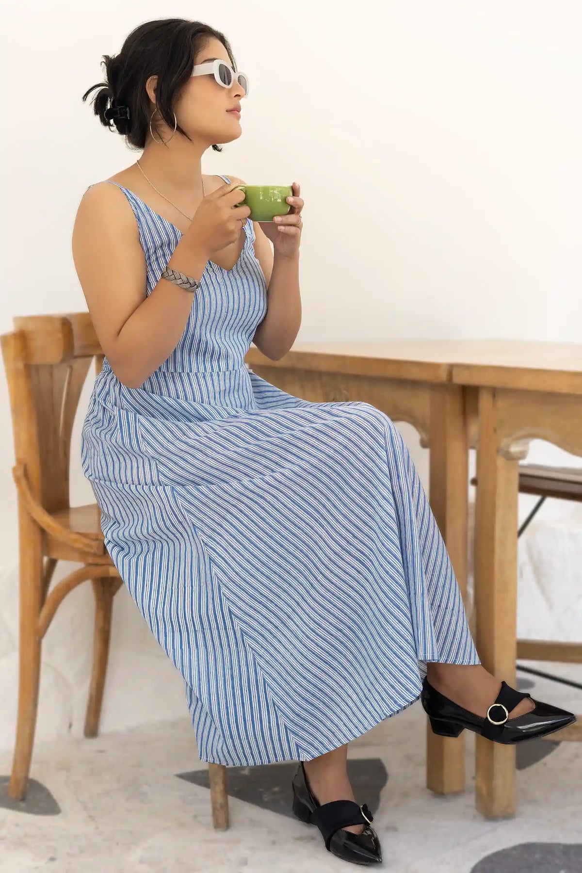 Blue striped midi dress in premium organic cotton fabric