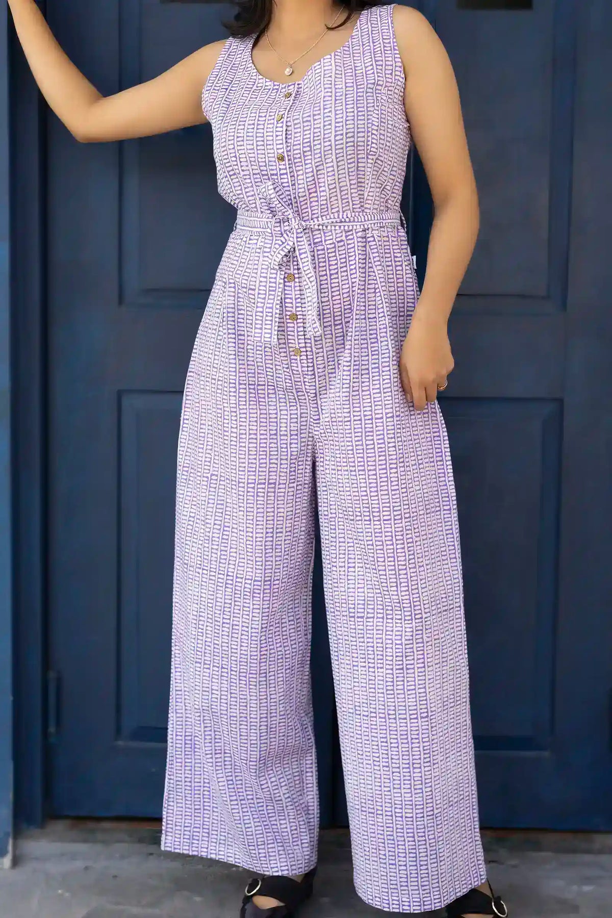Zahra violet striped jumpsuit handcrafted with block printing