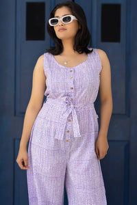 Stylish Zahra hand block print jumpsuit in violet stripes