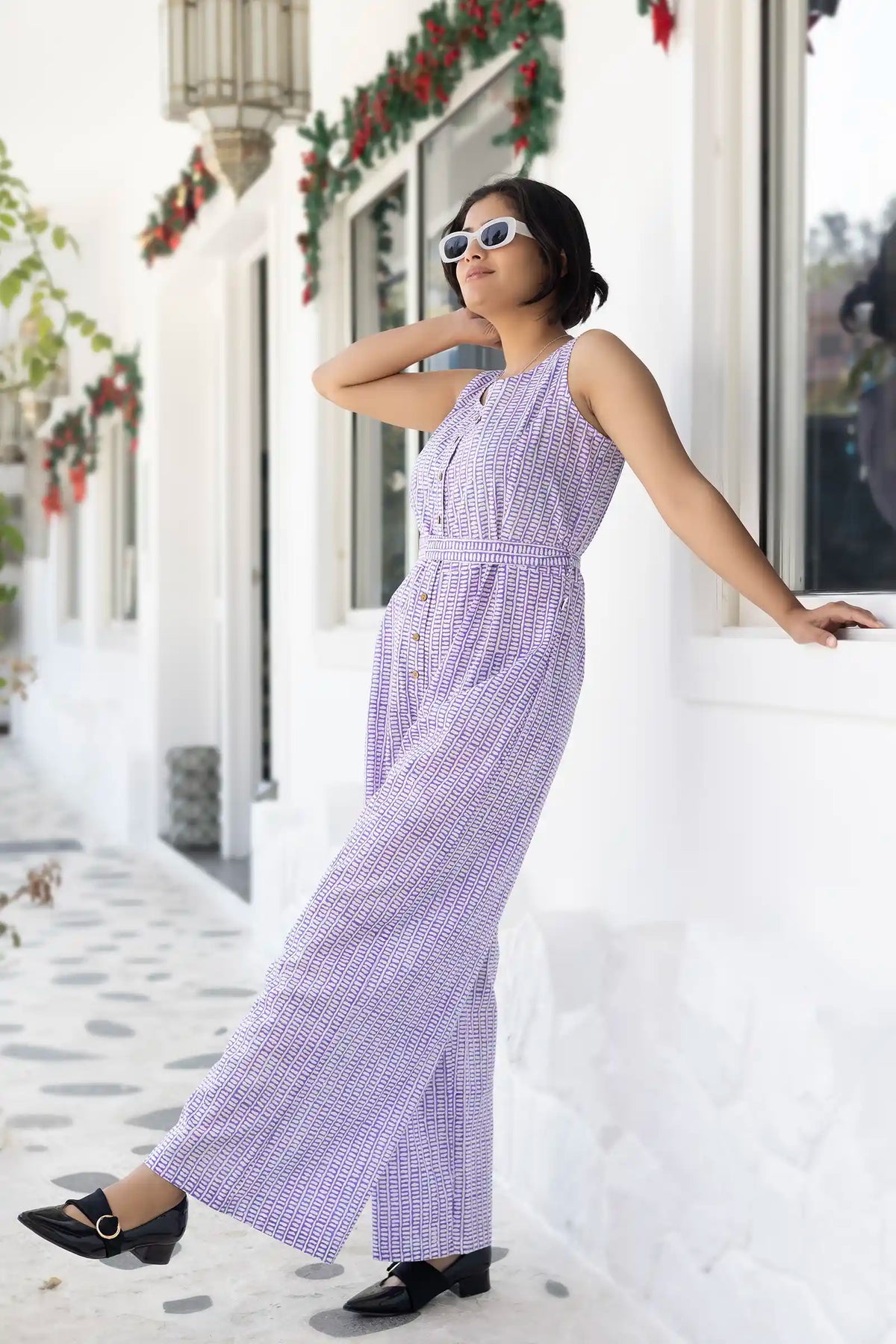 Ethnic hand block printed violet striped Zahra jumpsuit