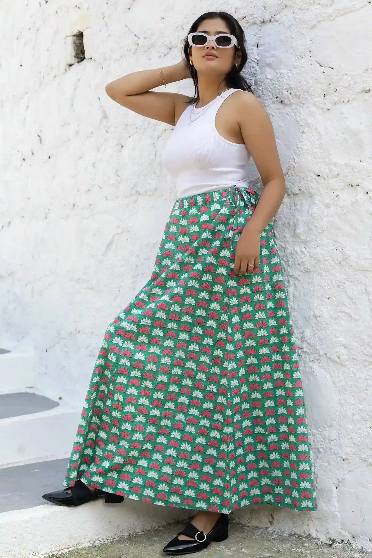 Elegant Bella green lotus skirt with hand-block prints