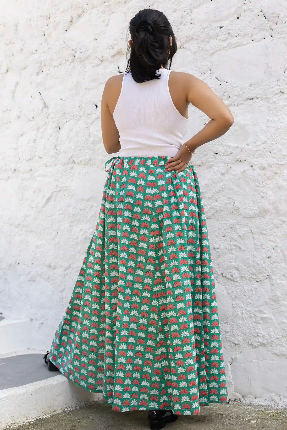 Traditional Bella hand block printed green lotus skirt