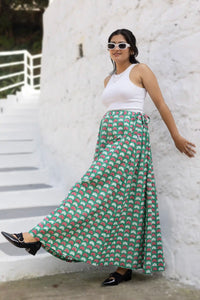 Bella women’s hand-block lotus skirt in green color