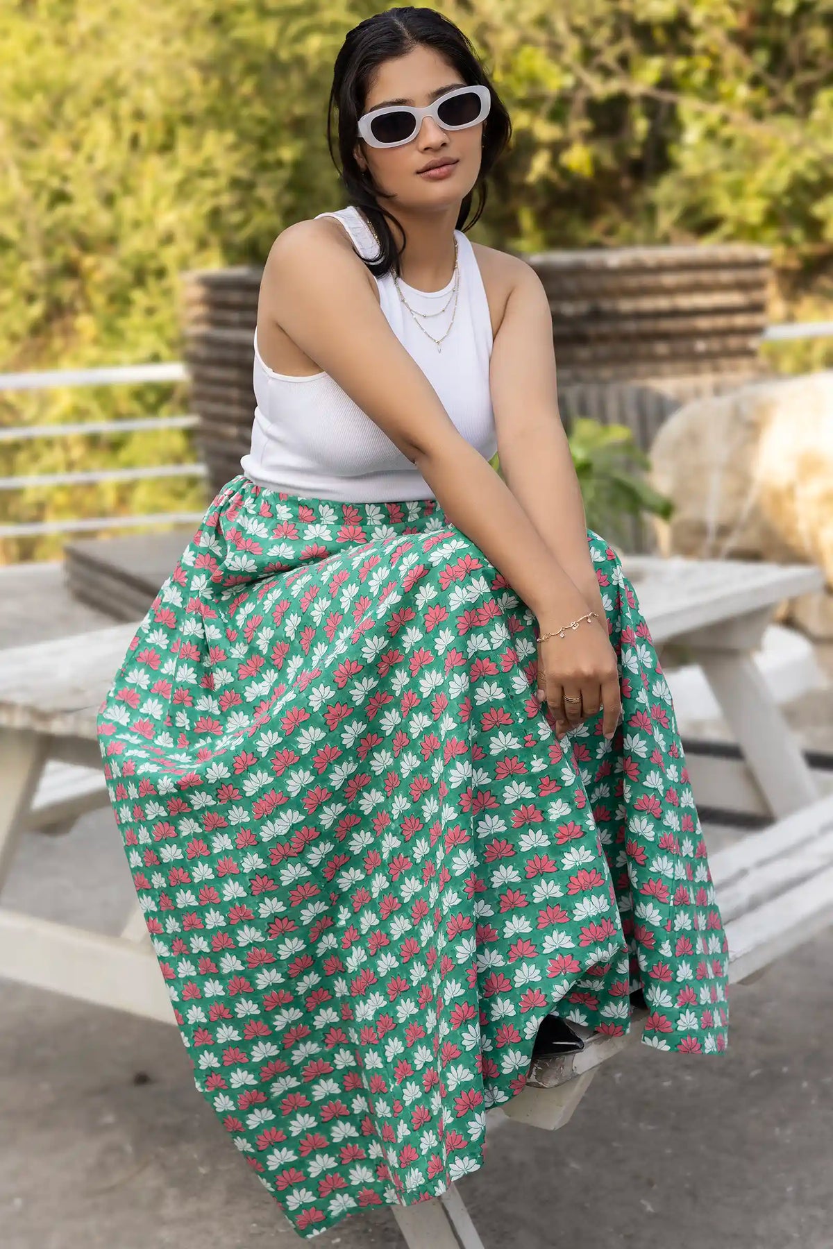 Bella designer green lotus skirt in hand block print