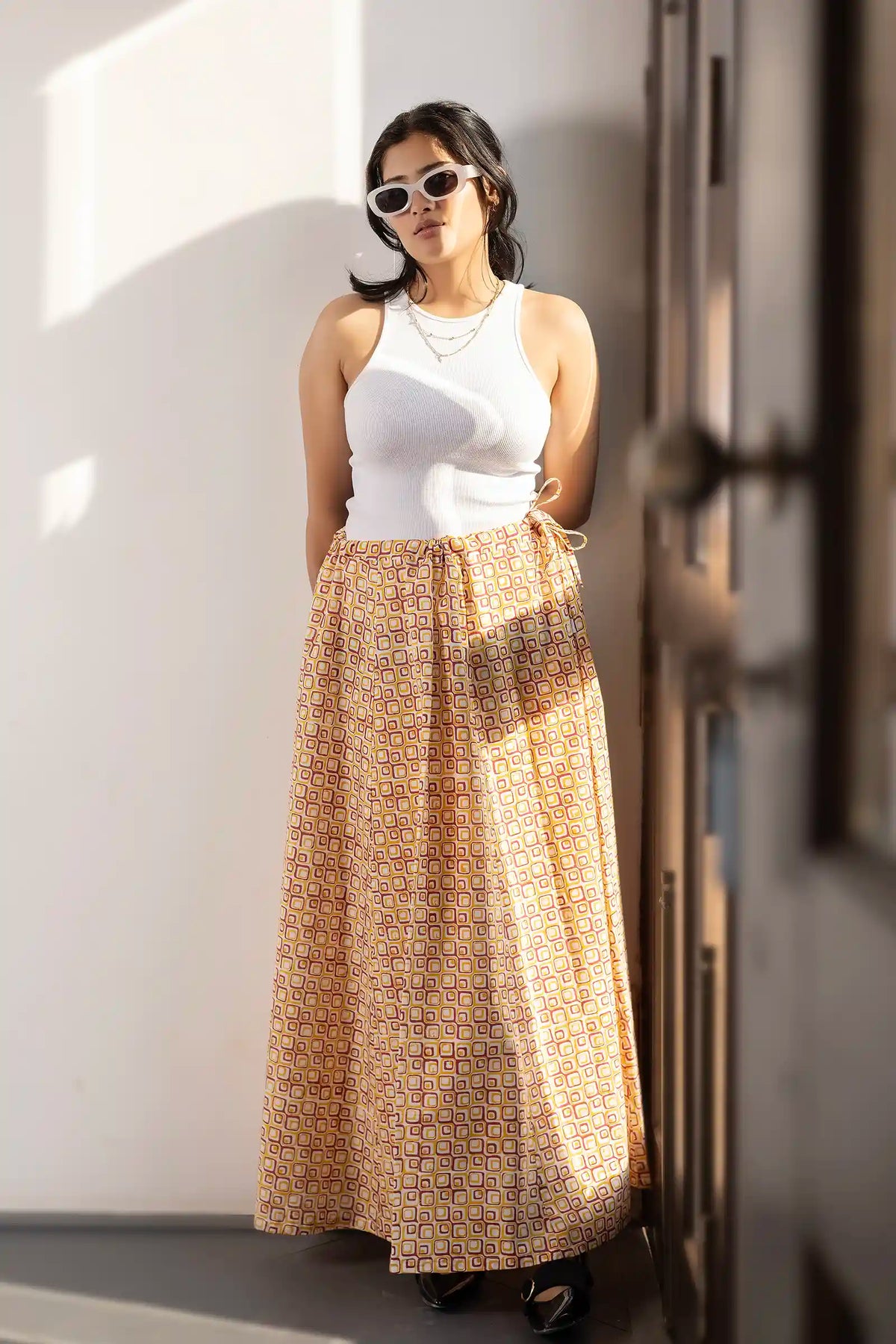 Stylish Bella maroon skirt with block-printed geometric patterns