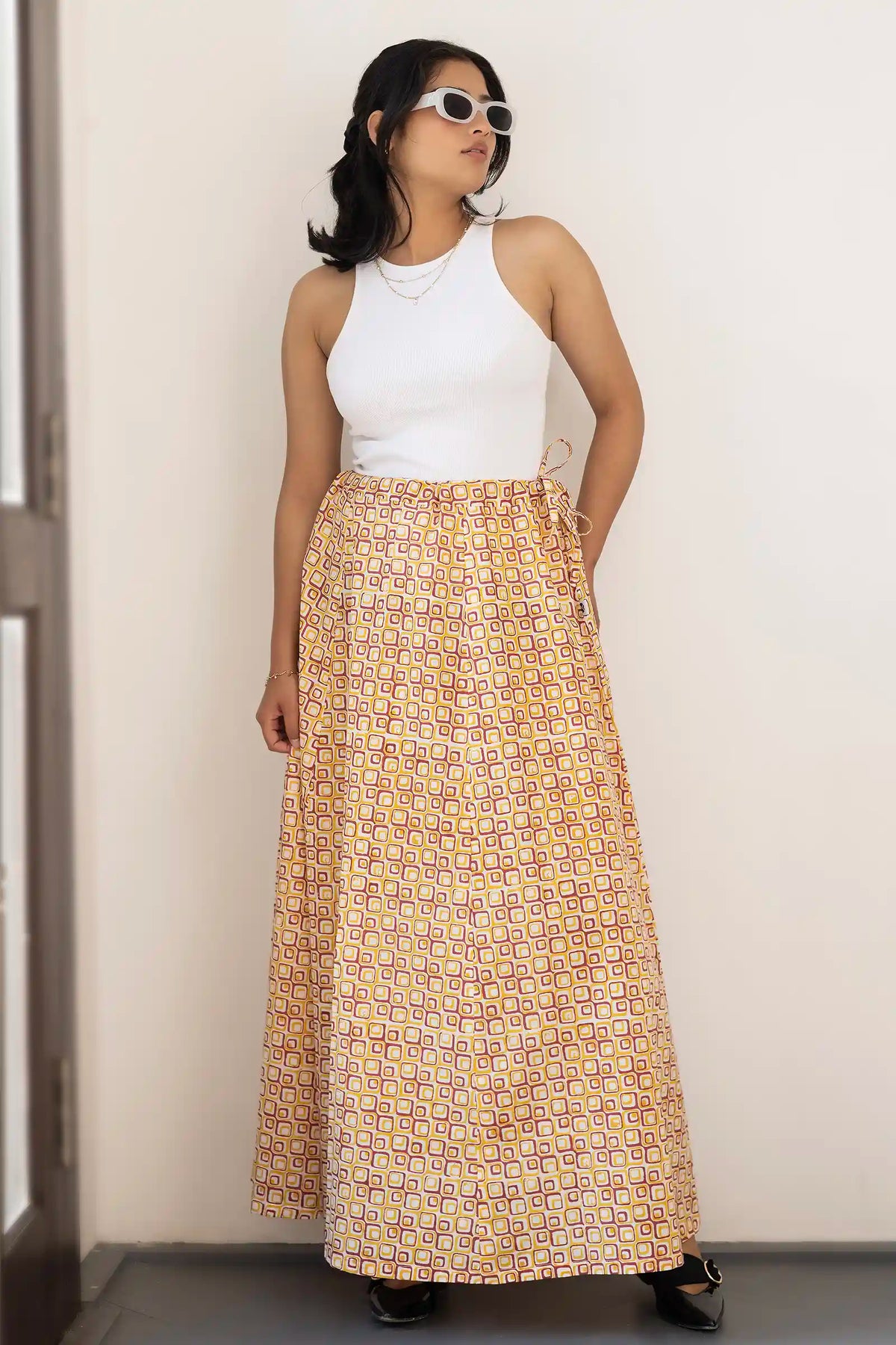 Bella hand-block-printed maroon geometric skirt for women