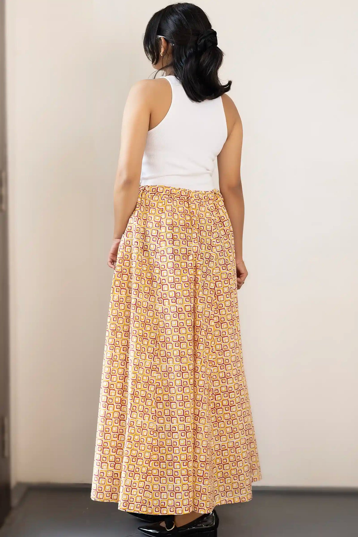 Elegant hand-block-printed maroon skirt with geometric motifs