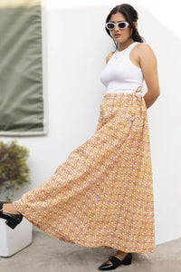 Hand-block-printed maroon geometric-style skirt by Bella