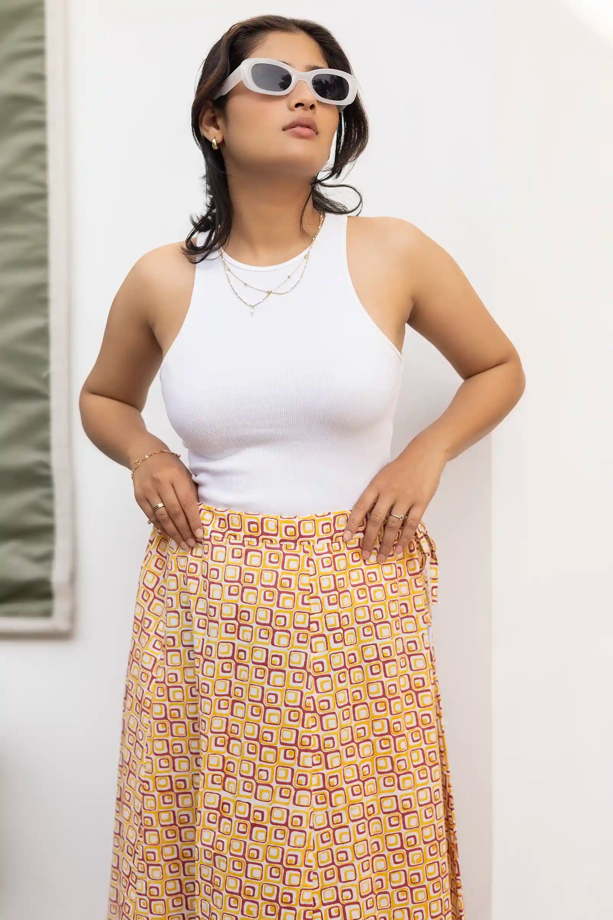 Handcrafted maroon geometric block-printed skirt design