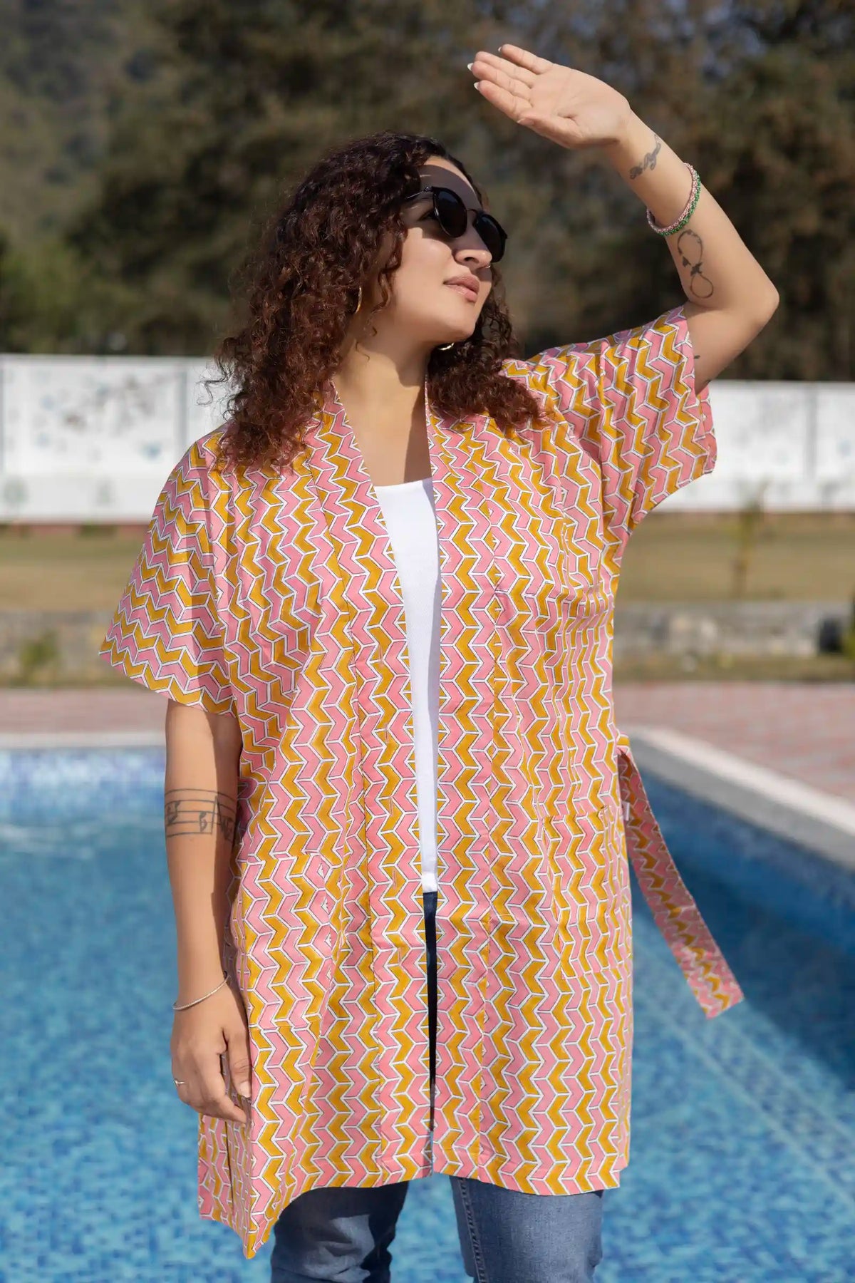 Bani Hand Block Printed Yellow Geometric Kimono Dress
