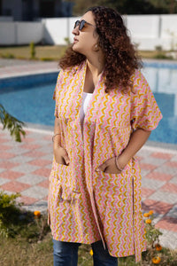 Bani Hand Block Printed Yellow Geometric Kimono Dress