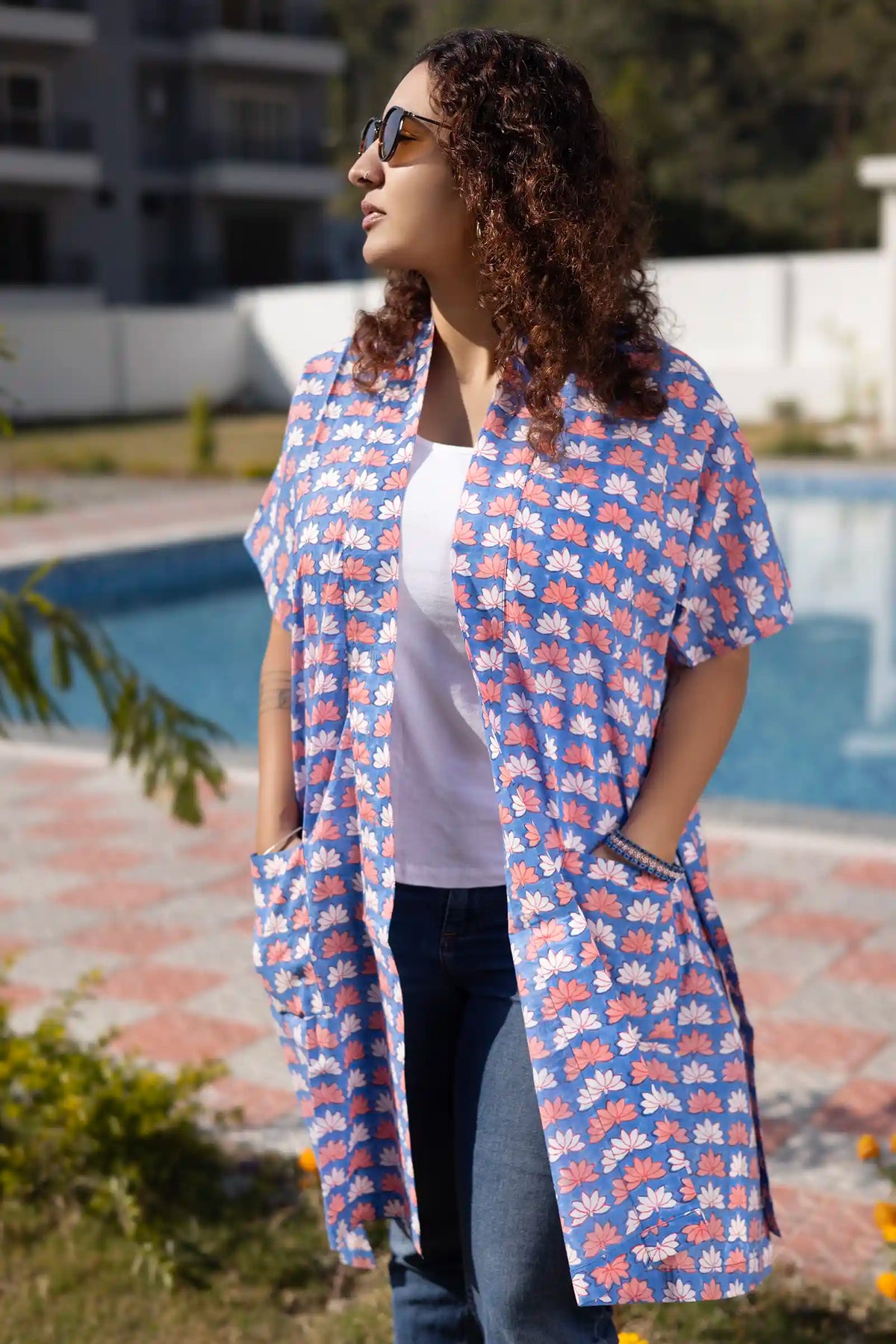 Bani Hand Block Printed Blue Lotus Kimono Dress