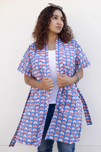 Bani Hand Block Printed Blue Lotus Kimono Dress