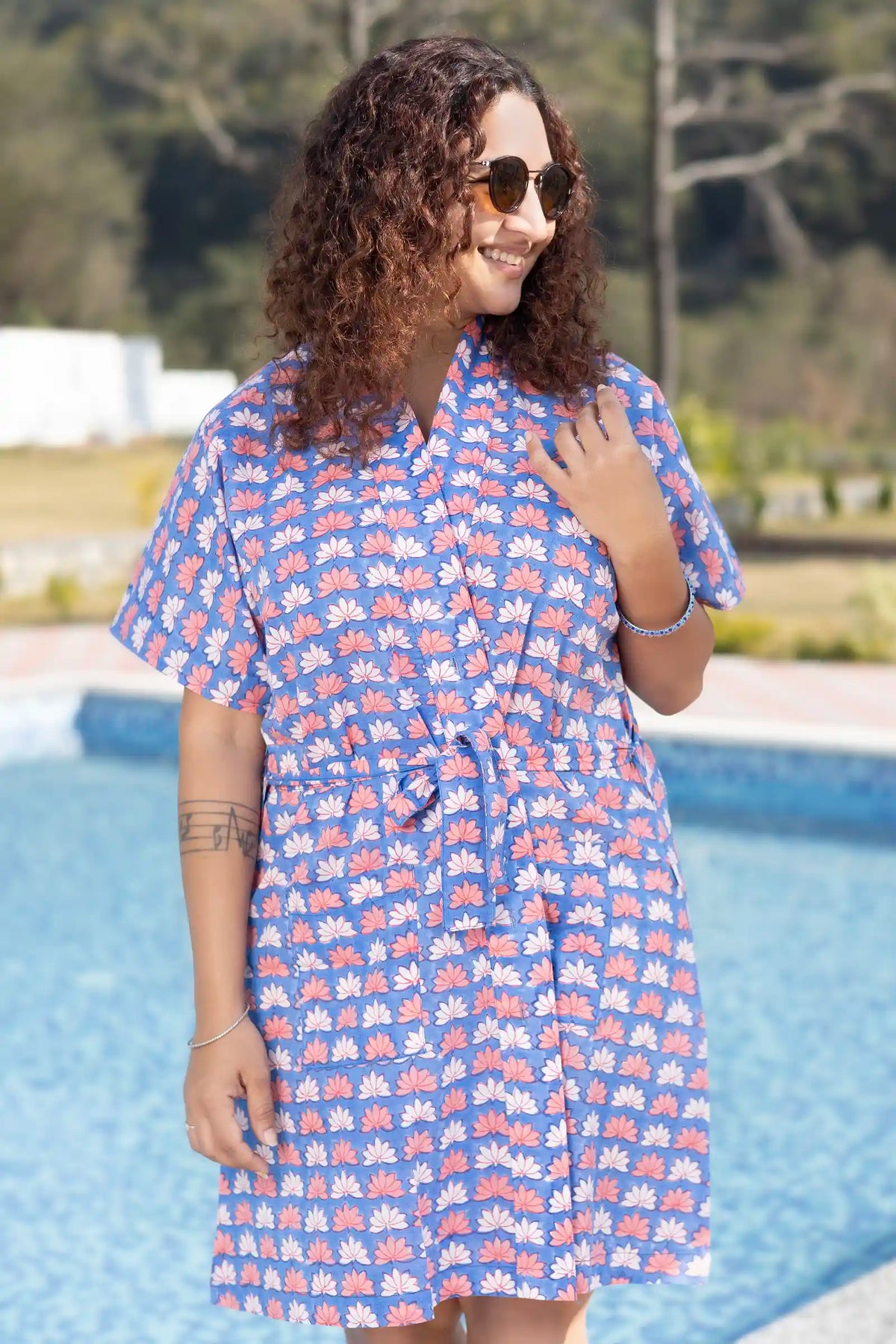 Bani Hand Block Printed Blue Lotus Kimono Dress