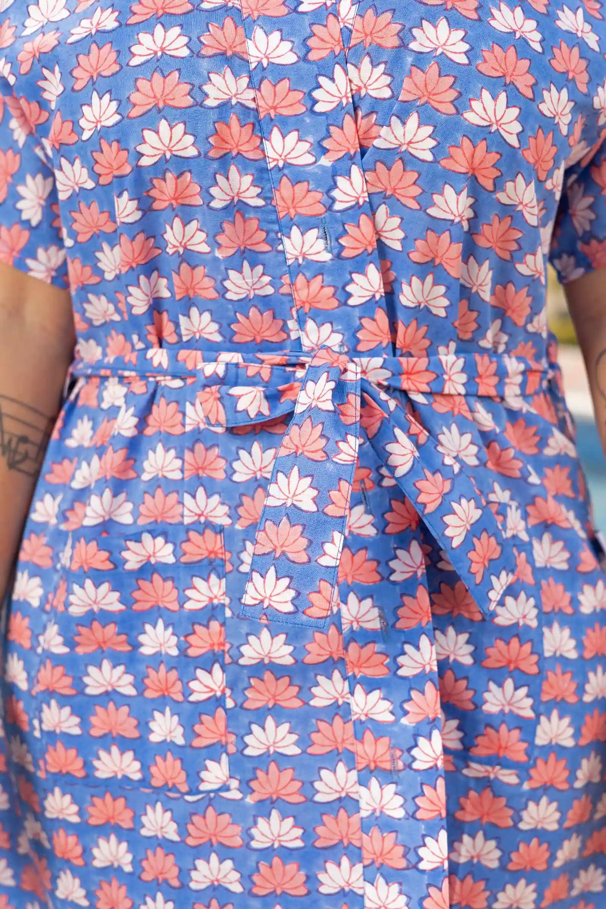 Bani Hand Block Printed Blue Lotus Kimono Dress