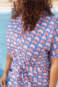 Bani Hand Block Printed Blue Lotus Kimono Dress