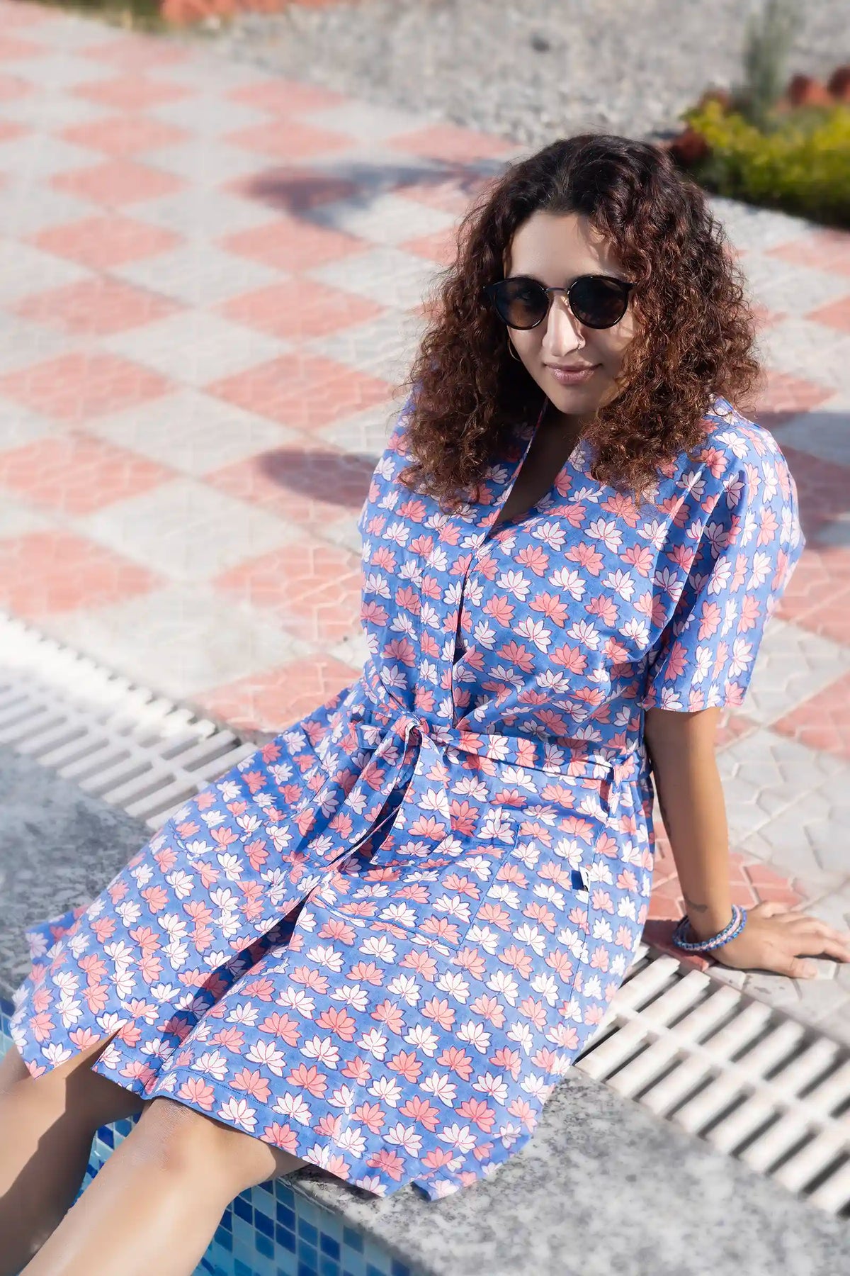 Bani Hand Block Printed Blue Lotus Kimono Dress