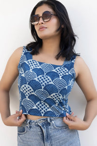 Mia Indigo Crop Top front view on model