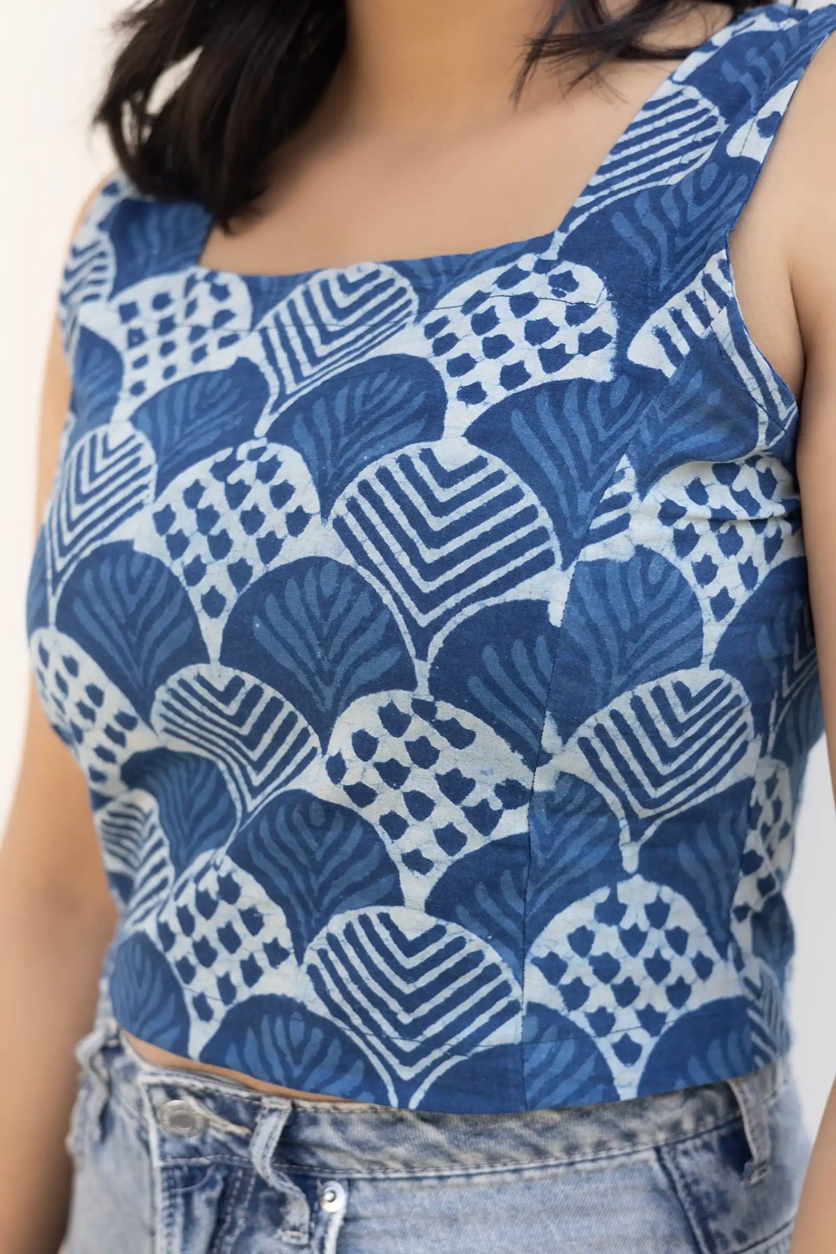 Sleeveless Mia Indigo Crop Top with square neckline