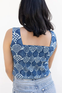 Indigo blue crop top with fitted silhouette