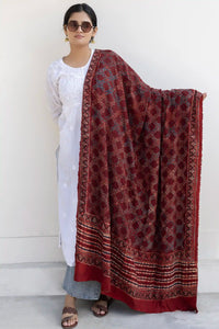 Leher Ajrakh Modal Satin Maroon Dupatta