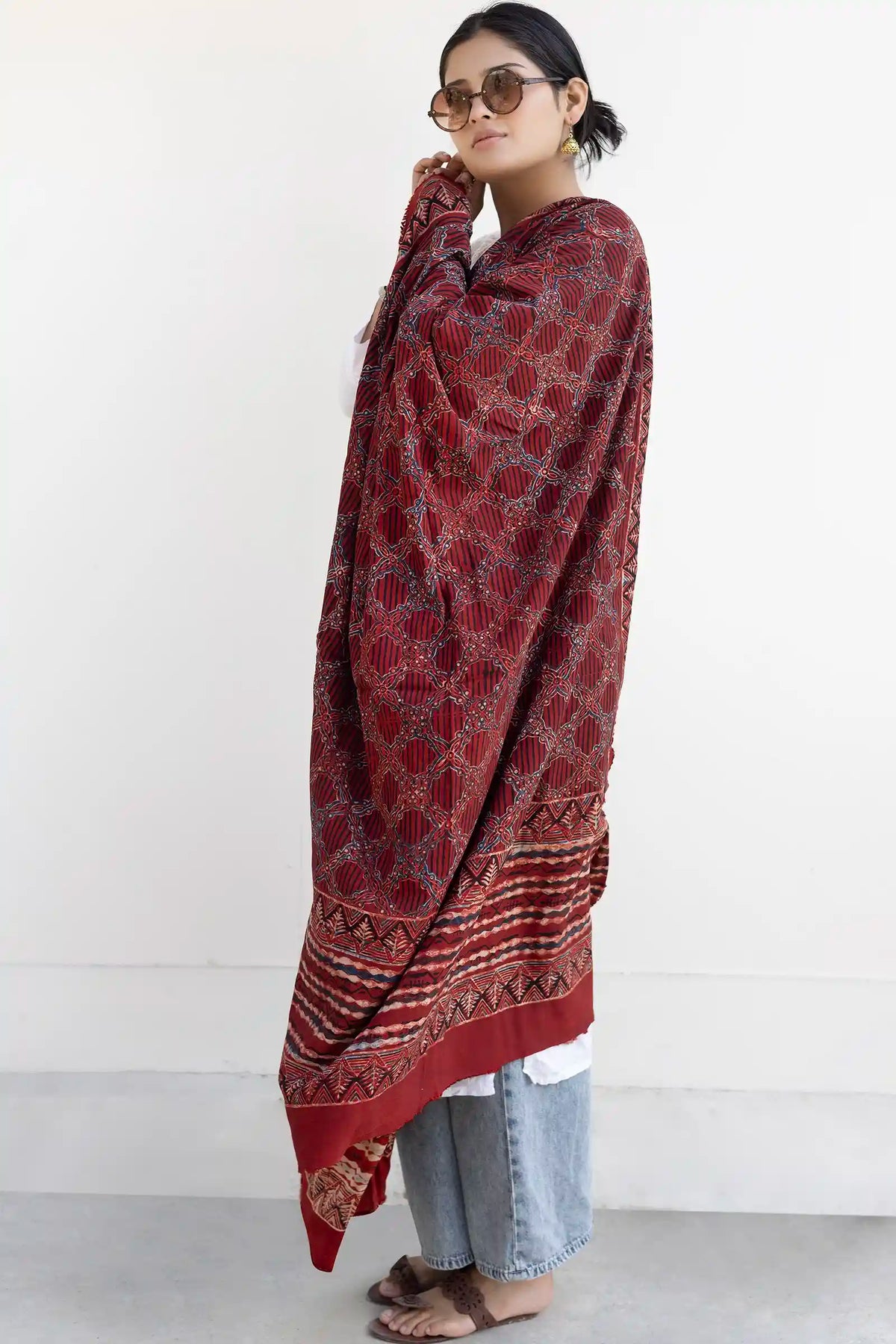 Leher Ajrakh Modal Satin Maroon Dupatta