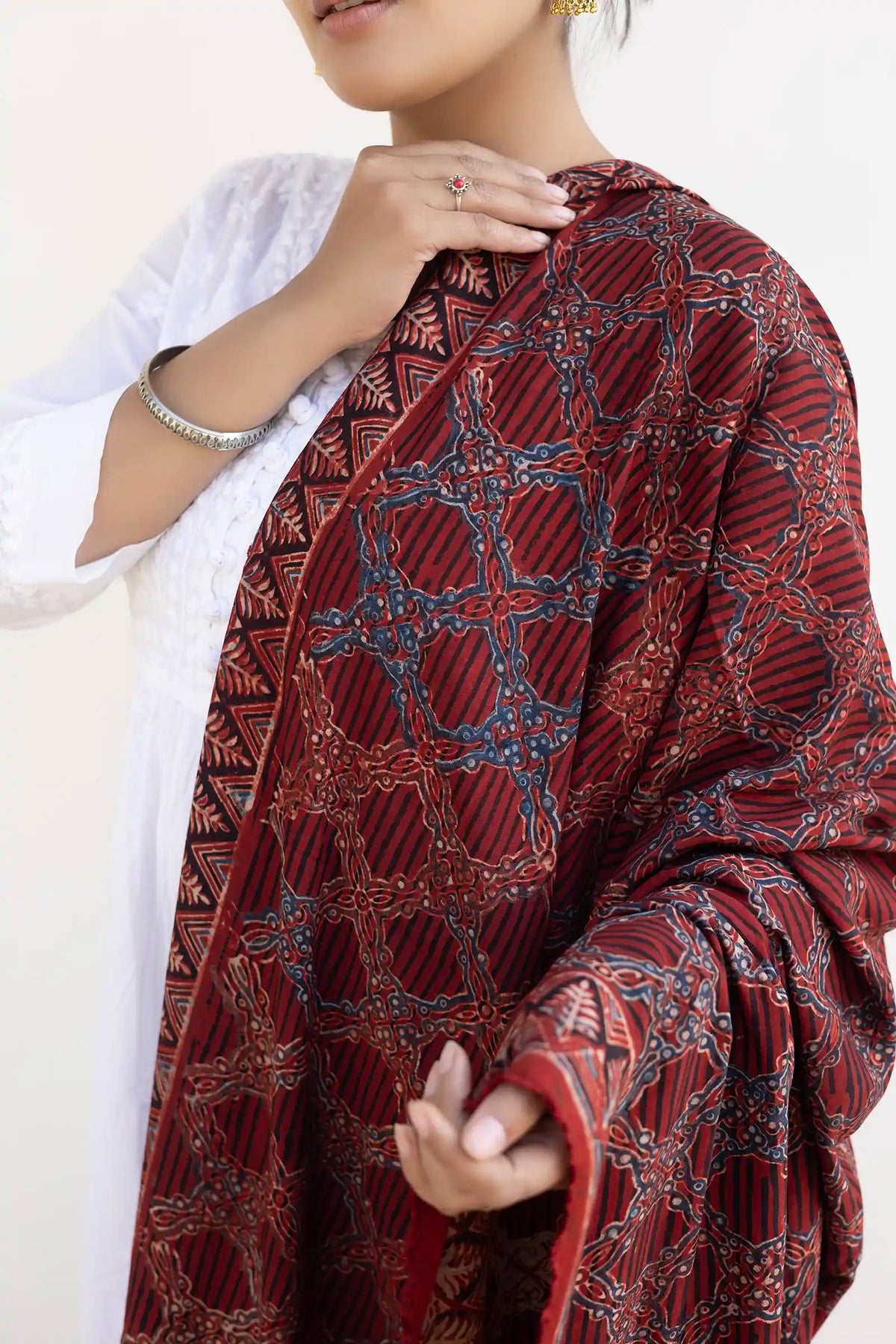 Leher Ajrakh Modal Satin Maroon Dupatta