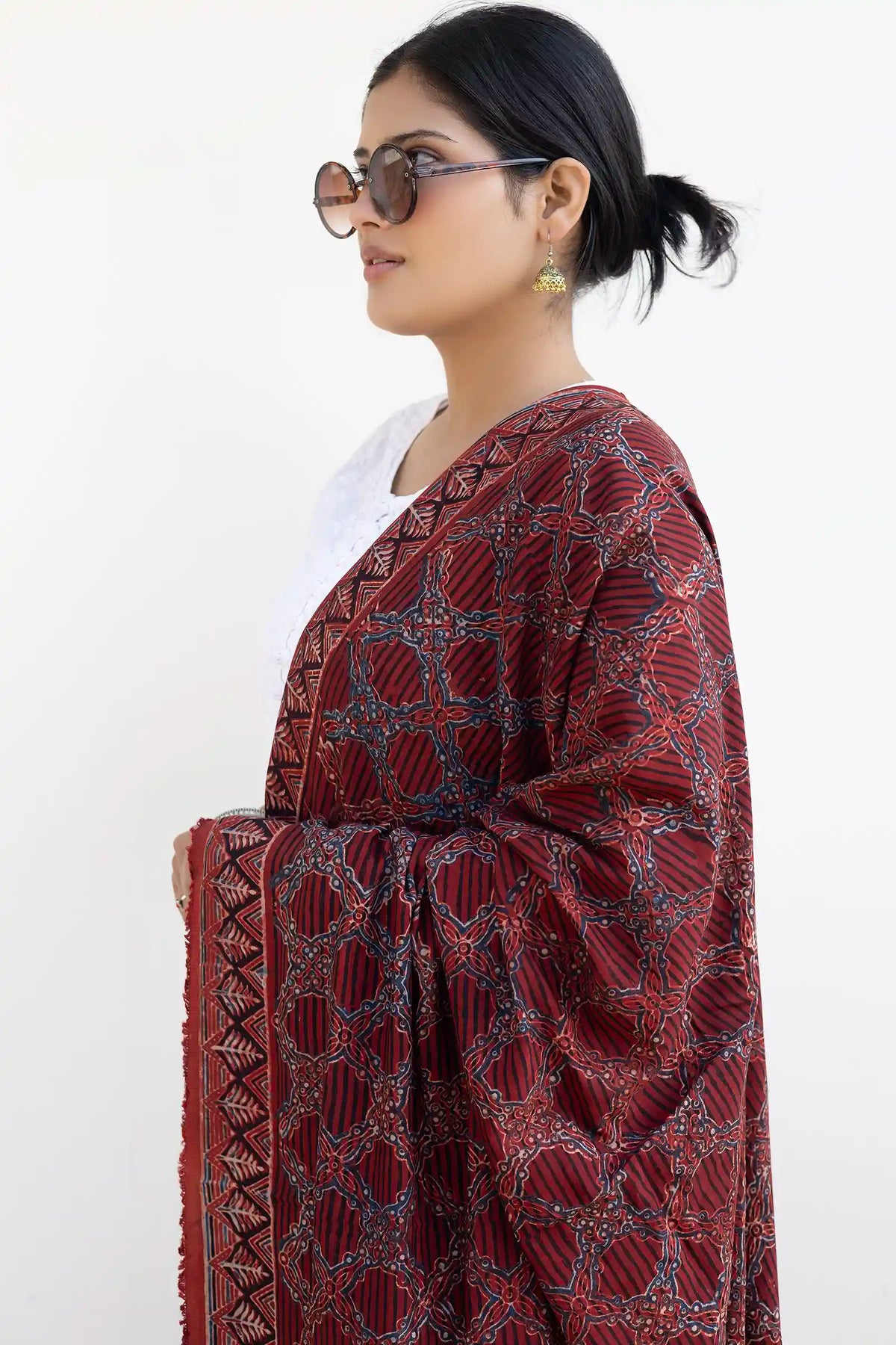 Leher Ajrakh Modal Satin Maroon Dupatta