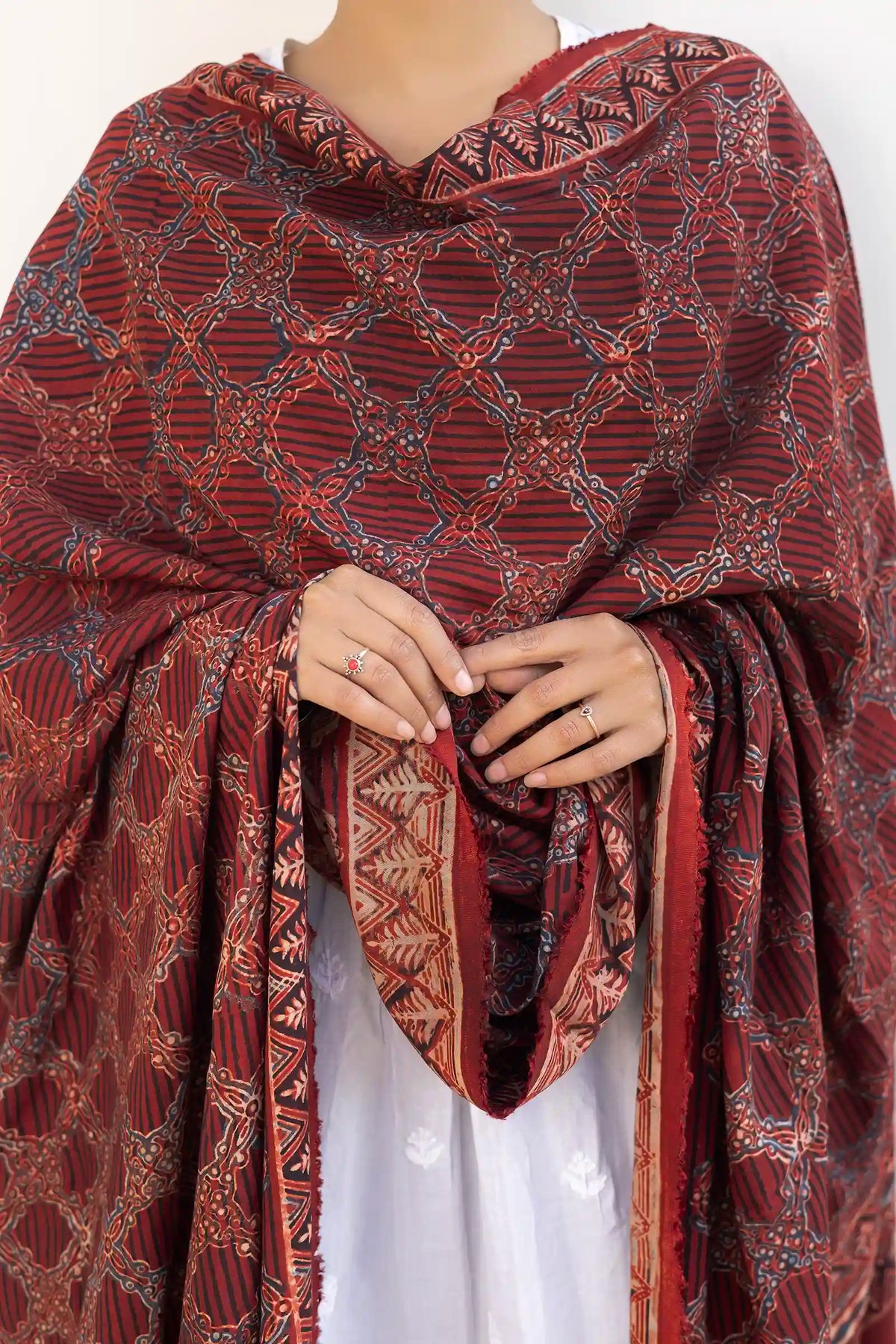 Leher Ajrakh Modal Satin Maroon Dupatta