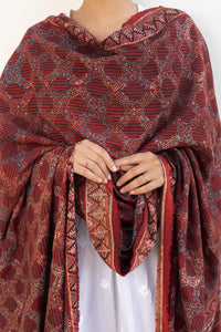 Leher Ajrakh Modal Satin Maroon Dupatta