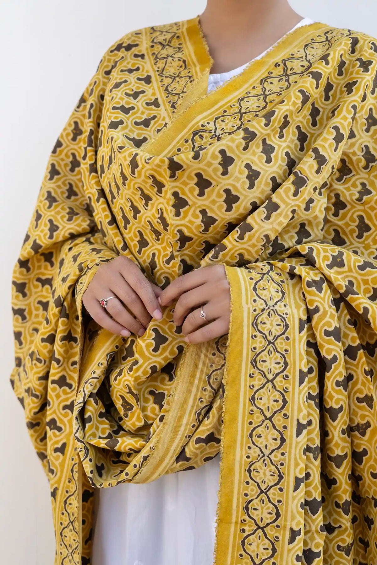 Leher Ajrakh Modal Satin Yellow Dupatta