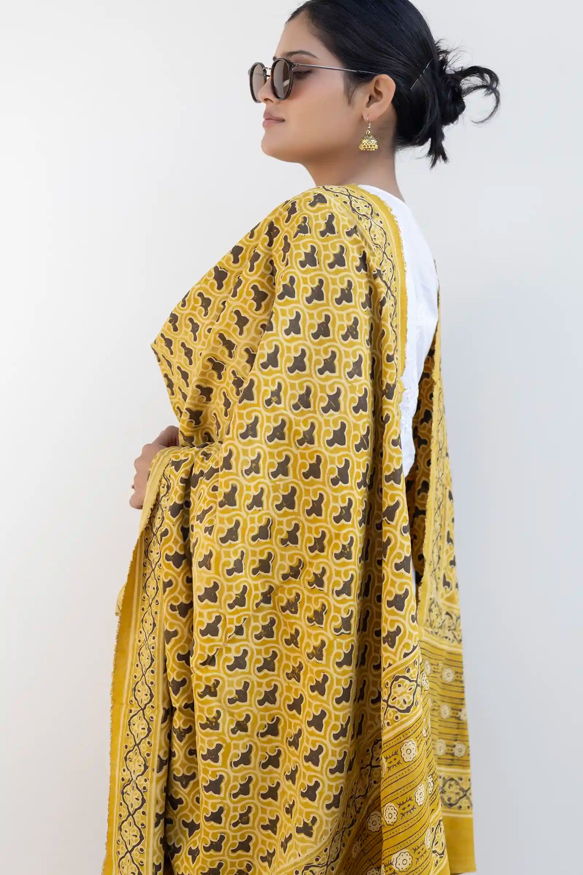 Leher Ajrakh Modal Satin Yellow Dupatta