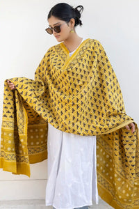 Leher Ajrakh Modal Satin Yellow Dupatta