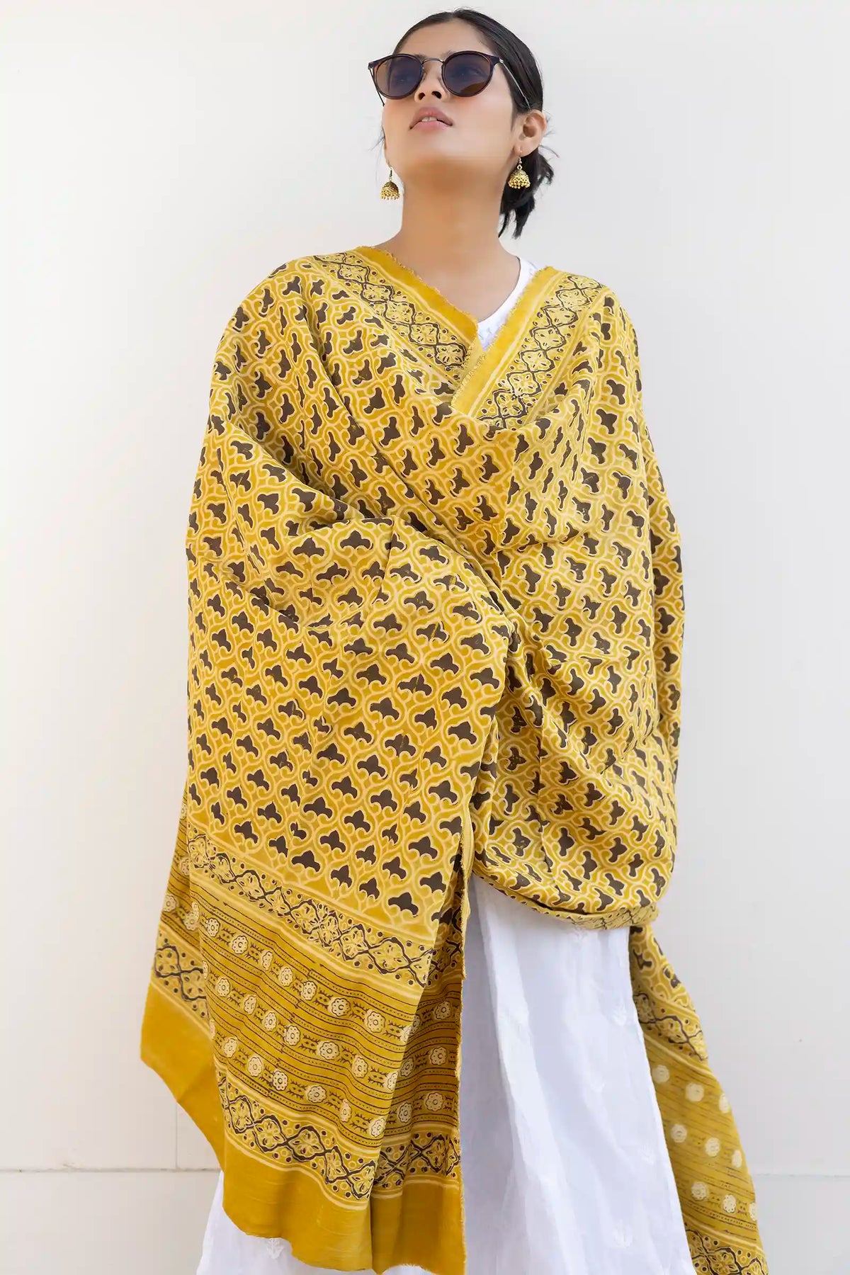 Leher Ajrakh Modal Satin Yellow Dupatta